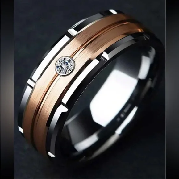 RHINESTONE STAINLESS STEEL RING - Picture 1 of 4